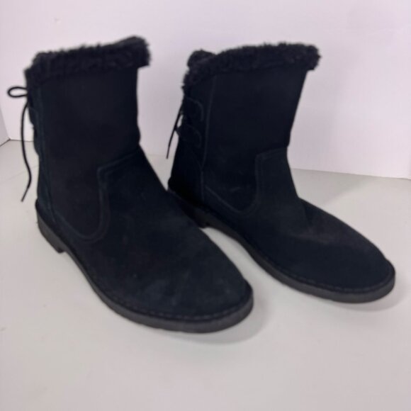 Ugg Womens Naiyah Black Lace Back Boots Size 8 Shearling Suede - Picture 1 of 11